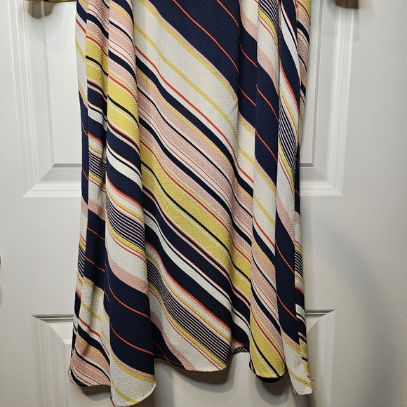 Lily Rose Blue Pink Butter Yellow Striped Cold Shoulder Keyhole 70s Dress Size L - Picture 3 of 11